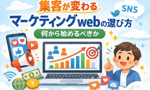 マーケティング webで集客を改善する考え方をイラストで表現したアイキャッチ画像