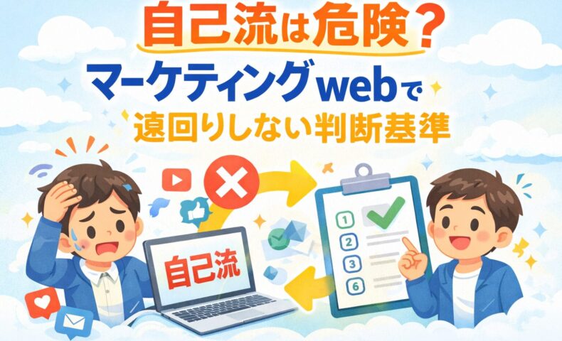 マーケティング webを自己流で進めて悩む事業主と、正しい判断基準で前に進む様子を表現したアイキャッチ画像