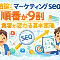 マーケティング seoは順番が9割で集客が変わることを、悩む事業主と整理できた事業主の対比で表現したアイキャッチ画像