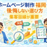 ホームページ制作 福岡で後悔しないために、集客目線で制作会社を選ぶ重要性を成功と失敗の対比で表現したアイキャッチ画像