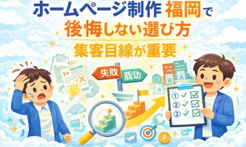 ホームページ制作 福岡で後悔しないために、集客目線で制作会社を選ぶ重要性を成功と失敗の対比で表現したアイキャッチ画像