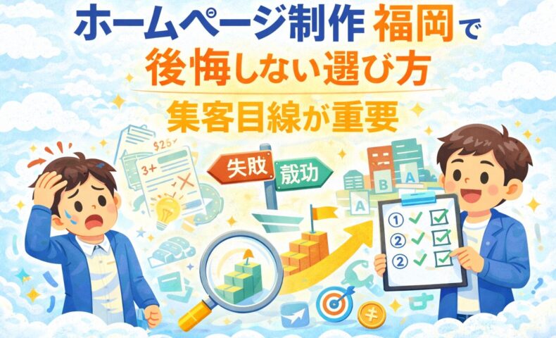 ホームページ制作 福岡で後悔しないために、集客目線で制作会社を選ぶ重要性を成功と失敗の対比で表現したアイキャッチ画像