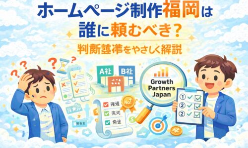ホームページ制作 福岡で誰に依頼すべきか迷う事業主と、集客判断基準を示すGrowth Partners Japanを対比で描いたアイキャッチ画像