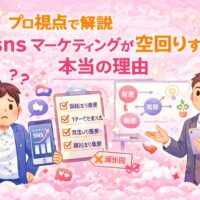sns マーケティングが空回りして悩む事業主と、正しい集客導線を解説するプロのイラスト