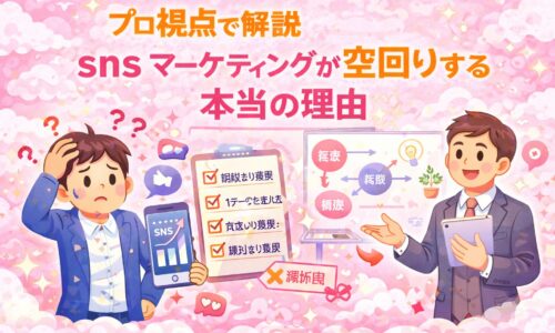 sns マーケティングが空回りして悩む事業主と、正しい集客導線を解説するプロのイラスト