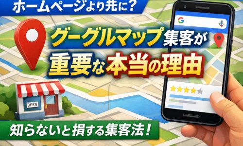 グーグルマップ集客の重要性を解説するアイキャッチ画像。地図とスマートフォン画面を用いて、ホームページより先にGoogle Maps対策が必要な理由を表現。