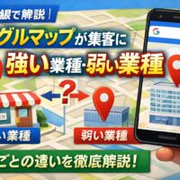 グーグルマップ集客が業種によって強い場合と弱い場合を比較して解説するアイキャッチ画像。地図、店舗、オフィス、スマートフォン画面を用いて業種差を表現。