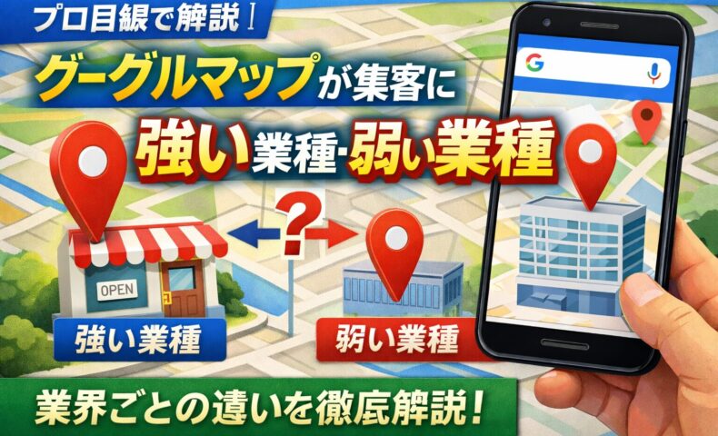 グーグルマップ集客が業種によって強い場合と弱い場合を比較して解説するアイキャッチ画像。地図、店舗、オフィス、スマートフォン画面を用いて業種差を表現。