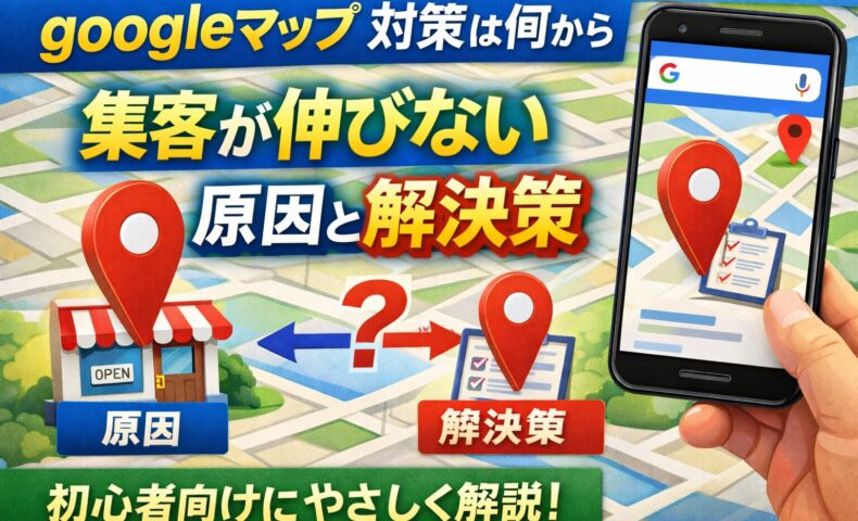 googleマップ 対策を何から始めるべきかを初心者向けに解説したアイキャッチ画像。地図デザインと店舗、スマートフォン画面を使い、集客が伸びない原因と解決策を視覚的に表現。