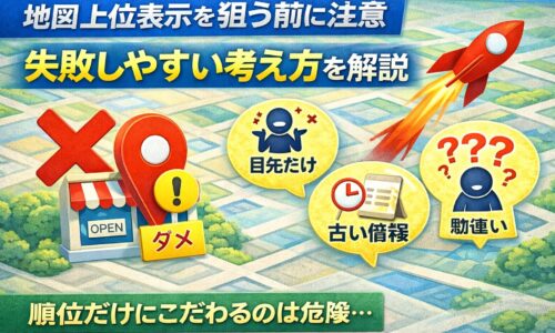 地図 上位表示を狙う前に注意すべき失敗しやすい考え方を解説したアイキャッチ画像。Google Maps風の地図デザインに、順位だけを気にする人や古い情報、勘違いを示すアイコンを配置し、集客の落とし穴を視覚的に表現。