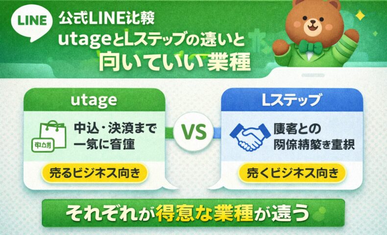 公式LINEツールのutageとLステップを比較し、それぞれに向いている業種の違いを分かりやすく解説した図解イメージ