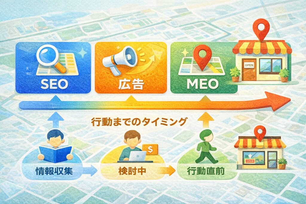 SEO・広告・MEOを行動タイミング別に比較し、地図検索で来店直前のユーザーを捉えるMEOの立ち位置を図解したイメージ