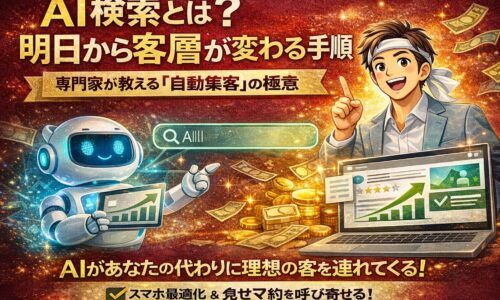 AI検索を活用して自動集客を実現する仕組みを、AIロボットと成果が伸びる事業主の対比で示し、客層が変わる流れを表現