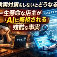 暗い店内でアクセス0の画面を前に悩む店主と、AI検索結果に選ばれず無視される様子を対比で表現したai検索対策の危機を示すイメージ