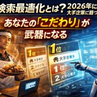 小規模店舗の店主が自分のこだわりを武器にAI検索最適化によって大手企業を上回り、AIに評価・推薦される未来を象徴的に描いたイメージ