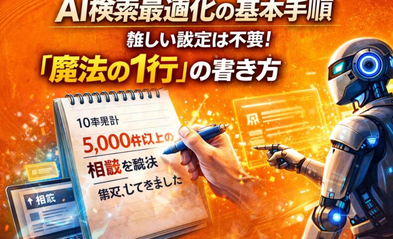 オレンジ色の背景で、ノートに具体的な実績を書き込む手元とAIロボットが並び、ai検索最適化により問い合わせを生む魔法の1行を表現したイメージ