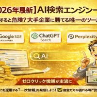 2026年に注目すべき主要なai検索エンジン一覧を示し、Google・ChatGPTなどの特徴と集客活用の重要性を視覚的に伝えている