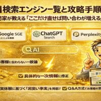 金色の背景に、AI検索エンジンの概念と攻略手順を象徴するアイコンや図解を配置し、ai検索エンジン一覧と集客改善を訴求するアイキャッチ画像