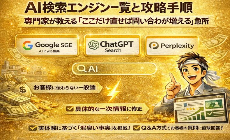 金色の背景に、AI検索エンジンの概念と攻略手順を象徴するアイコンや図解を配置し、ai検索エンジン一覧と集客改善を訴求するアイキャッチ画像