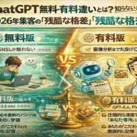 ChatGPTの無料版と有料版の違いを比較したアイキャッチ画像。無料版は作業に悩む事業主、有料版はAIと共に効率的に集客を進める様子を対比して表現している。