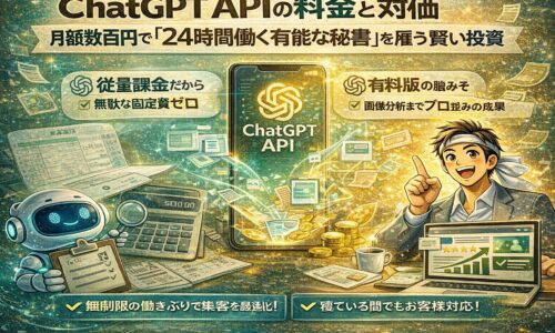 ChatGPT APIの料金体系と活用イメージを表現したイラスト。月額数百円で24時間働く有能な秘書として、業務効率化や自動集客を支援する様子を描写している画像。