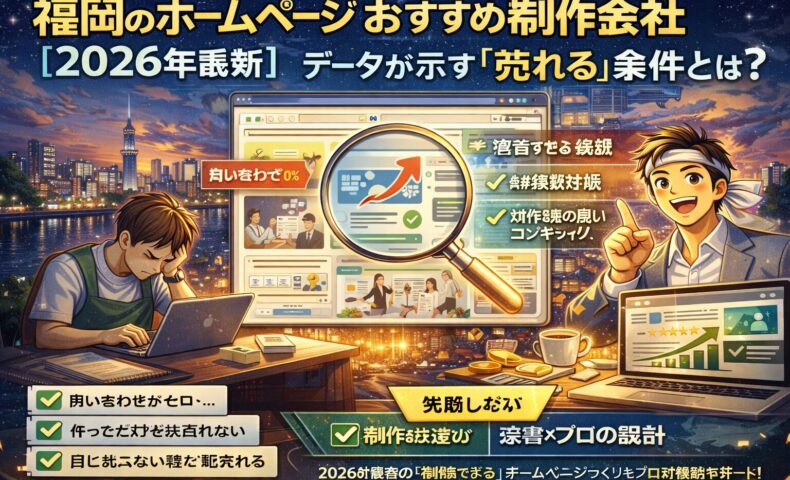 福岡でホームページ制作会社を探す事業者向けに、売れる導線設計と成果重視の考え方を示したビジュアル構成。福岡 ホームページ おすすめの判断軸が分かる内容。