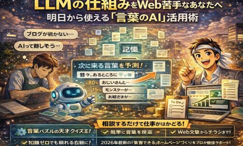 LLMの仕組みをイラストで解説し、次に来る言葉を予測するAIの動きと、Webが苦手な人でも使える活用イメージを視覚的に表現した図