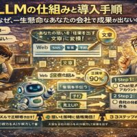 LLMの仕組みを図解で表現し、言葉の入力から確率計算による文章生成までの流れを分かりやすく示したビジュアル