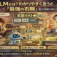 LLMの仕組みを図解でわかりやすく解説するアイキャッチ画像。AIが言葉を理解し、文章作成や集客を支援する流れをビジネス初心者向けに表現。