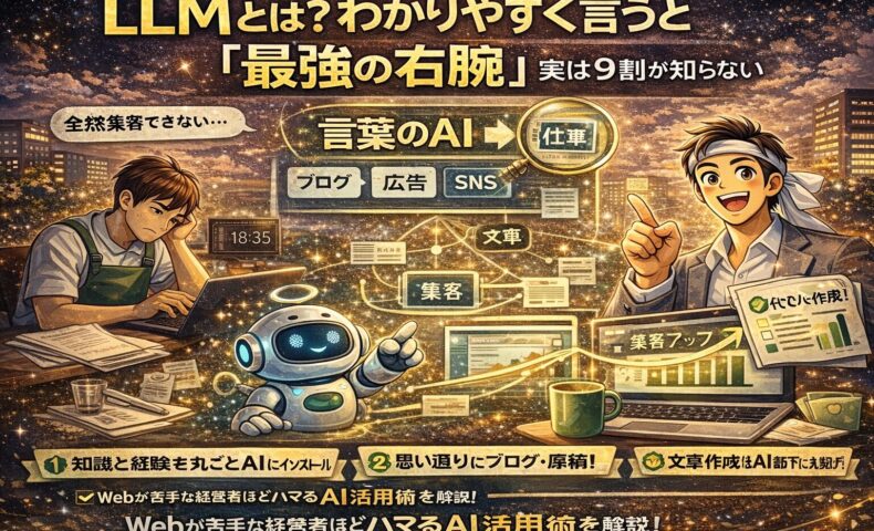 LLMの仕組みを図解でわかりやすく解説するアイキャッチ画像。AIが言葉を理解し、文章作成や集客を支援する流れをビジネス初心者向けに表現。