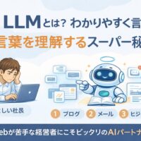 llm 仕組みをわかりやすく解説するイラスト。忙しい社長とAIロボットが並び、文章作成や集客を支援するLLMの役割を視覚的に表現している