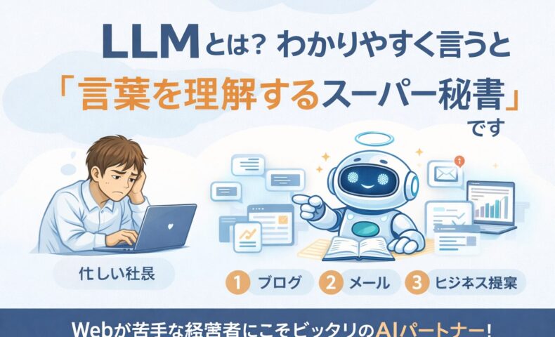 llm 仕組みをわかりやすく解説するイラスト。忙しい社長とAIロボットが並び、文章作成や集客を支援するLLMの役割を視覚的に表現している