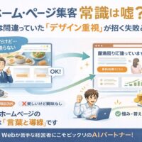 デザイン重視で集客できないホームページと、言葉と導線で成果を出すホームページを対比し、正しい集客の本質を示したイラスト