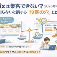 Wixで作ったホームページが集客できず悩む事業主と、正しい設定で成果を出す対比を示し、2026年に重要な集客構造と設定の違いを解説するビジュアル
