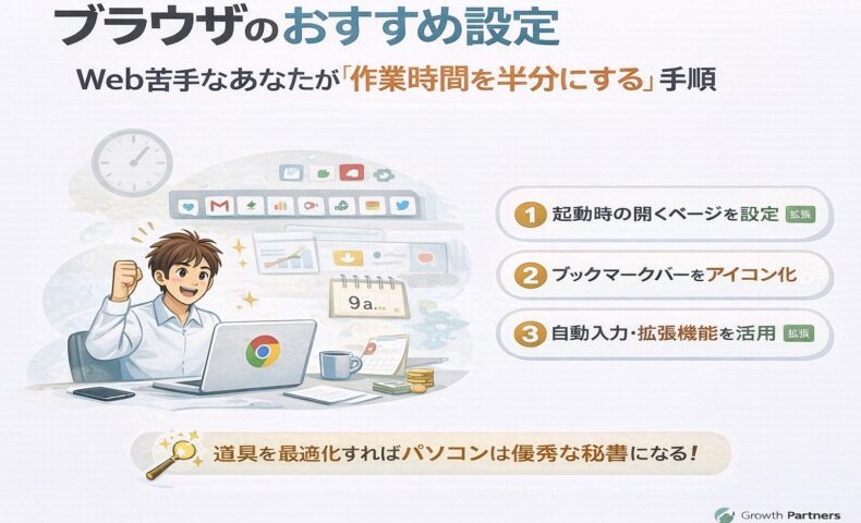 ブラウザのおすすめ設定で作業時間を半分にする方法を解説するイラスト。Google Chromeを使い、起動時設定・ブックマーク整理・自動入力で業務効率を高める内容を視覚的に表現している。