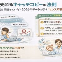 売れるキャッチコピーの法則を解説する図解イラスト。悩む事業者と成果を出す事業者を対比し、2026年はセンス不要で成果が出るコピーの型が重要であることを示している画像