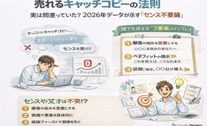 売れるキャッチコピーの法則を解説する図解イラスト。悩む事業者と成果を出す事業者を対比し、2026年はセンス不要で成果が出るコピーの型が重要であることを示している画像