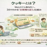 Webが苦手な事業主向けに、クッキーとは何かを会員証の例えで図解し、再来店や追客の仕組みを分かりやすく説明したイラスト
