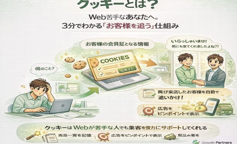 Webが苦手な事業主向けに、クッキーとは何かを会員証の例えで図解し、再来店や追客の仕組みを分かりやすく説明したイラスト