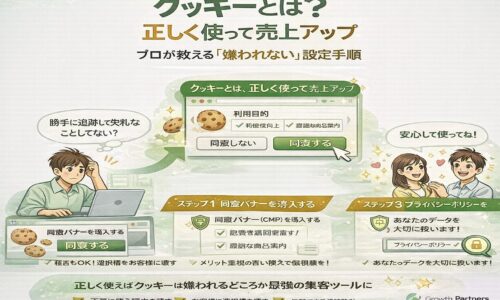 クッキーとは何かを図解で解説し、同意バナーの正しい使い方と嫌われずに売上アップする設定手順を示したインフォグラフィック