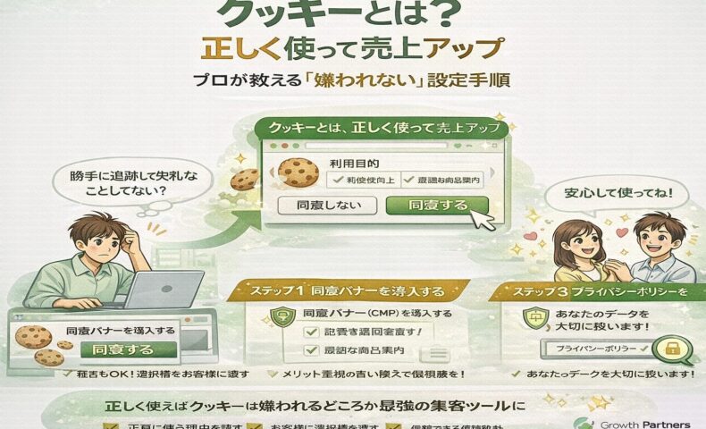 クッキーとは何かを図解で解説し、同意バナーの正しい使い方と嫌われずに売上アップする設定手順を示したインフォグラフィック
