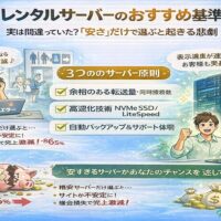 青を基調としたシンプルな背景に、サーバーと速度を象徴するアイコンを配置し、サーバーレンタル選びがSEOと集客成果に直結することを視覚的に伝えるアイキャッチ画像