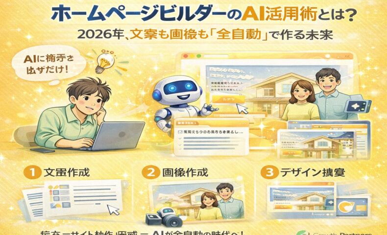 AIを活用したホームページビルダーで、文章や画像を自動生成しサイト制作を行う仕組みを解説したイメージ図