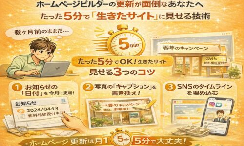 ホームページビルダーで作ったサイトを、たった5分の簡単な更新作業で生きたサイトに見せる方法を図解で解説したイラスト