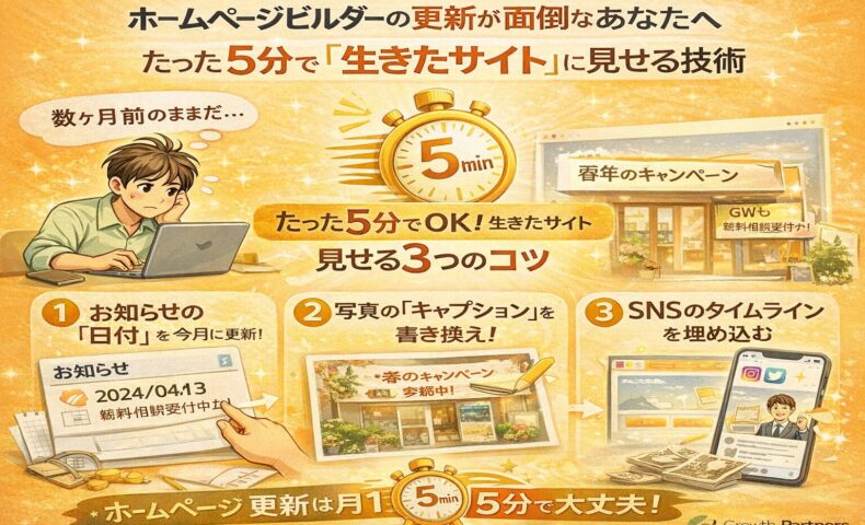 ホームページビルダーで作ったサイトを、たった5分の簡単な更新作業で生きたサイトに見せる方法を図解で解説したイラスト