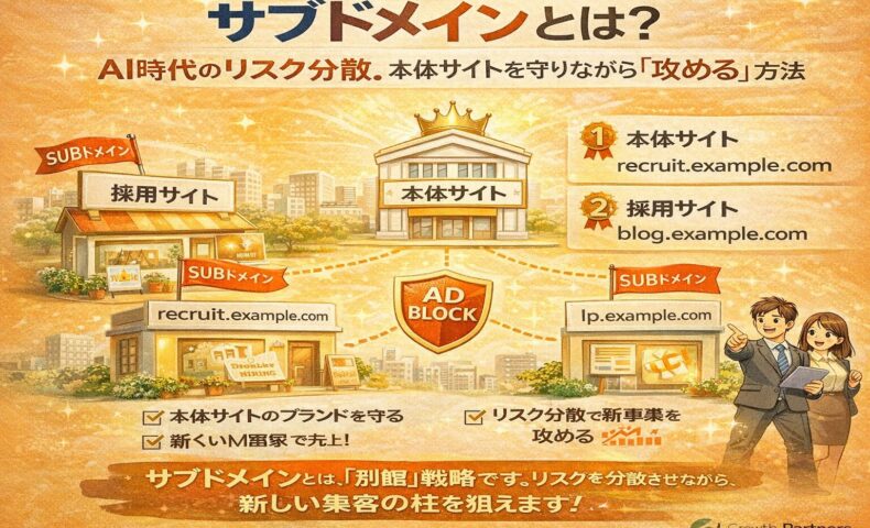 サブドメインとは何かを図解で解説し、本体サイトを守りながら新規事業や採用サイトを展開するリスク分散戦略を示したイラスト