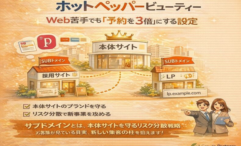 サブドメインとは何かを図解で説明するインフォグラフィック。URL構造の例を用いて、メインドメインとの違いや役割を初心者向けに解説している画像。