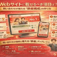 赤い背景にWebサイトの構成要素をシンプルに表現し、問い合わせが増えるwebsiteの鉄板構成を解説するアイキャッチ画像
