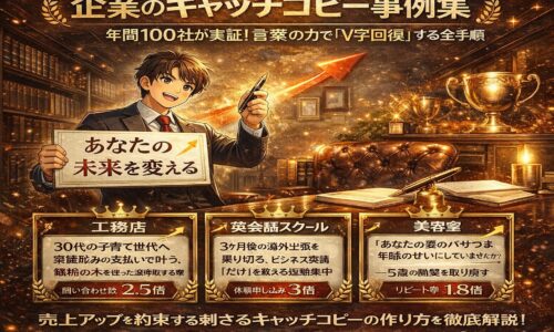 企業のキャッチコピー事例をもとに、言葉の力で売上回復やブランド価値向上を解説する権威性のあるビジュアル