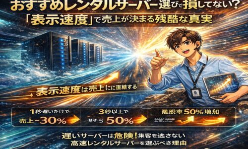 光の速さを表現した背景とデータセンター、IT担当者のイラストで、表示速度が売上に直結するおすすめレンタルサーバーの重要性を解説するビジュアル